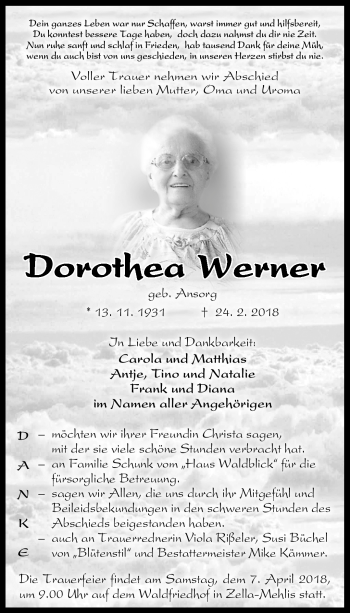 Traueranzeige von Dorothea Werner von Südthüringer Presse