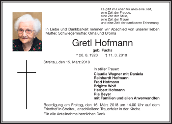 Traueranzeige von Gretl Hofmann von Frankenpost