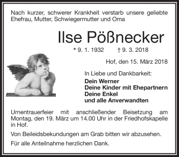 Traueranzeige von Ilse Pößnecker von Frankenpost
