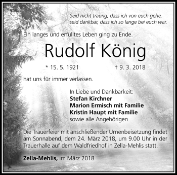 Traueranzeige von Rudolf König von Südthüringer Presse