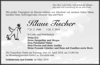 Traueranzeige von Klaus Tischer von Südthüringer Presse