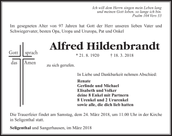 Traueranzeige von Alfred Hildenbrandt von Südthüringer Presse