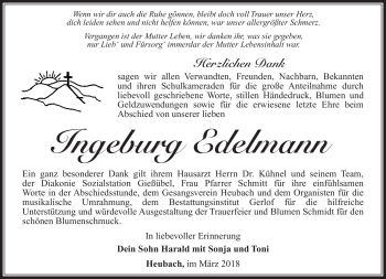 Traueranzeige von Ingeburg Edelmann von Südthüringer Presse