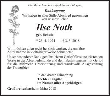 Traueranzeige von Ilse Noth von Südthüringer Presse