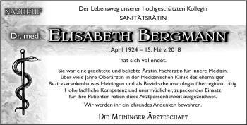 Traueranzeige von Elisabeth Bergmann von Südthüringer Presse