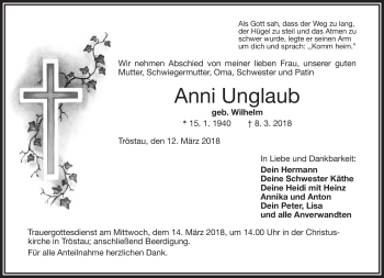 Traueranzeige von Anni Unglaub von Frankenpost
