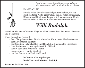 Traueranzeige von Willi Rudolph von Südthüringer Presse