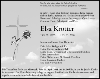 Traueranzeige von Elsa Krötter von Neue Presse Coburg
