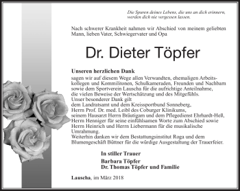Traueranzeige von Dieter Töpfer von Südthüringer Presse