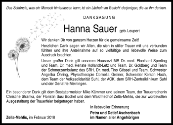 Traueranzeige von Hanna Sauer von Südthüringer Presse