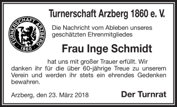 Traueranzeige von Inge Schmidt von Frankenpost