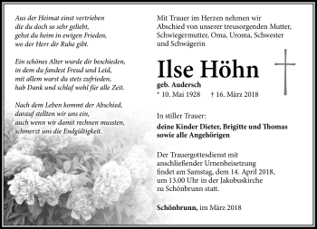 Traueranzeige von Ilse Höhn von Südthüringer Presse