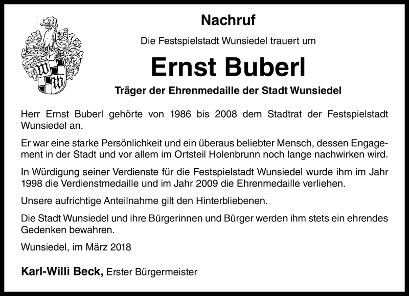  Traueranzeige für Ernst Buberl vom 07.03.2018 aus Frankenpost
