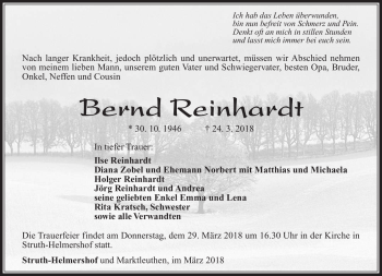 Traueranzeige von Bernd Reinhardt von Südthüringer Presse