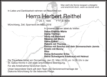 Traueranzeige von Herbert Reithel von Frankenpost