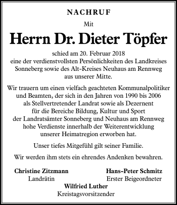 Traueranzeige von Dieter Töpfer von Südthüringer Presse