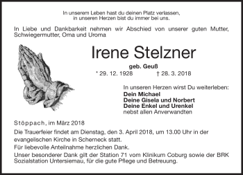 Traueranzeige von Irene Stelzner von Neue Presse Coburg