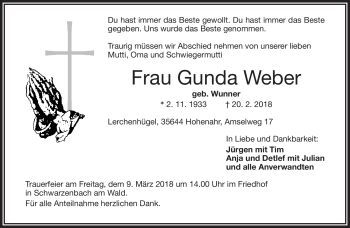 Traueranzeige von Gunda Weber von Frankenpost