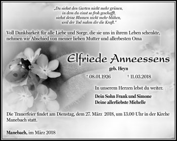 Traueranzeige von Elfriede Anneessens von Südthüringer Presse