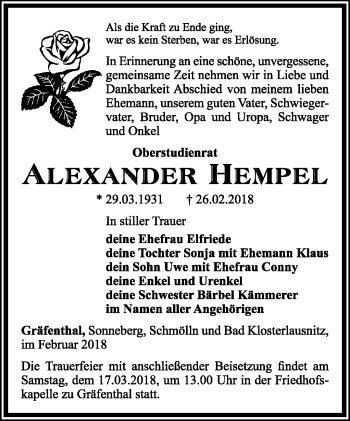 Traueranzeige von Alexander Hempel von Südthüringer Presse
