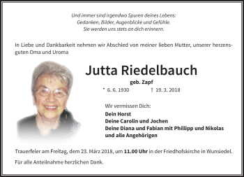 Traueranzeige von Jutta Riedelbauch von Frankenpost