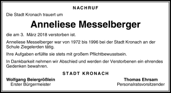 Traueranzeige von Anneliese Messelberger von Neue Presse Coburg