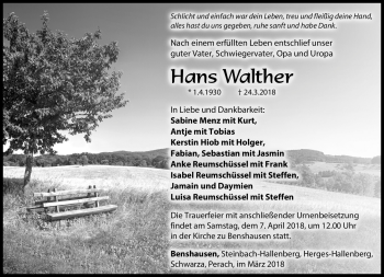 Traueranzeige von Hans Walther von Südthüringer Presse