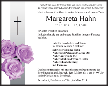 Traueranzeige von Margareta Hahn von Südthüringer Presse