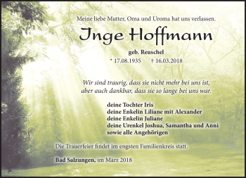Traueranzeige von Inge Hoffmann von Südthüringer Presse