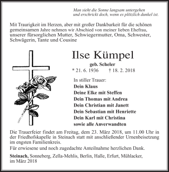 Traueranzeige von Ilse Kümpel von Südthüringer Presse