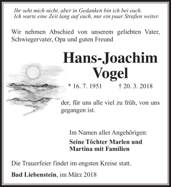 Traueranzeige von Hans-Joachim Vogel von Südthüringer Presse