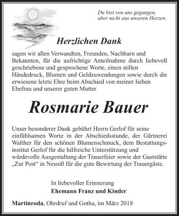 Traueranzeige von Rosmarie Bauer von Südthüringer Presse