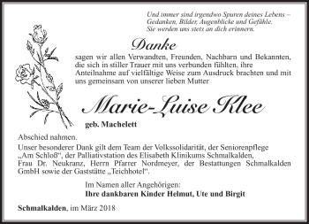 Traueranzeige von Marie-Luise Klee von Südthüringer Presse