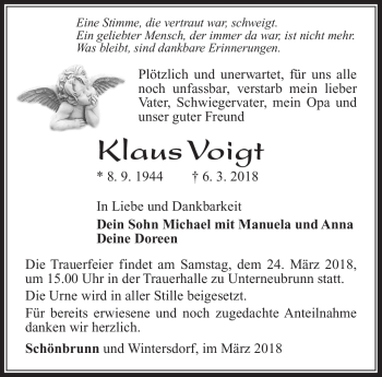 Traueranzeige von Klaus Voigt von Südthüringer Presse