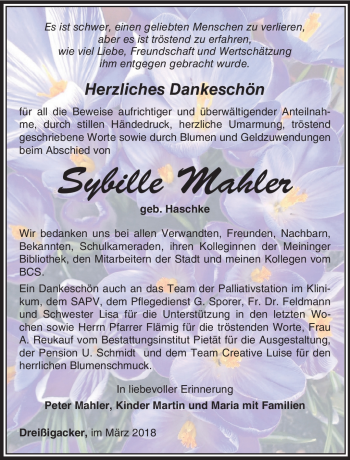 Traueranzeige von Sybille Mahler von Südthüringer Presse