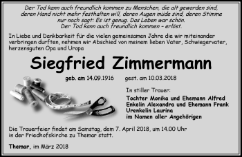 Traueranzeige von Siegfried Zimmermann von Südthüringer Presse