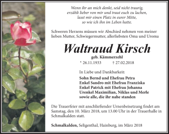 Traueranzeige von Waltraud Kirsch von Südthüringer Presse