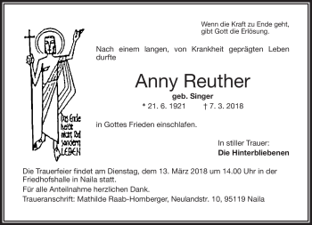 Traueranzeige von Anny Reuther von Frankenpost