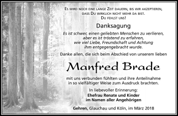 Traueranzeige von Manfred Brade von Südthüringer Presse