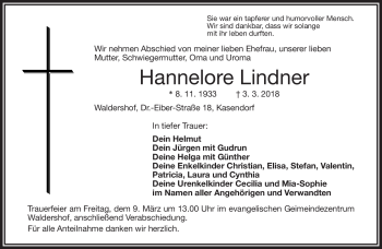 Traueranzeige von Hannelore Lindner von Frankenpost