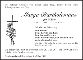 Traueranzeige von Marga Bartholomäus von Südthüringer Presse