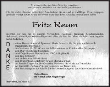 Traueranzeige von Fritz Reum von Südthüringer Presse