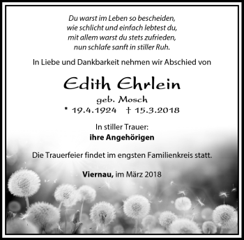 Traueranzeige von Edith Ehrlein von Südthüringer Presse