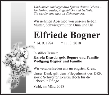 Traueranzeige von Elfriede Bogner von Südthüringer Presse