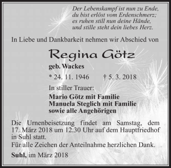 Traueranzeige von Regina Götz von Südthüringer Presse