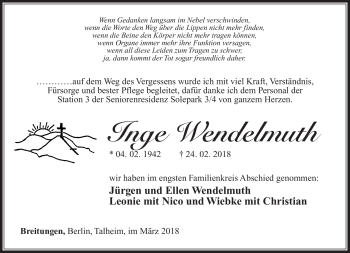 Traueranzeige von Inge Wendelmuth von Südthüringer Presse