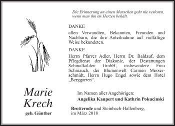 Traueranzeige von Marie Krech von Südthüringer Presse