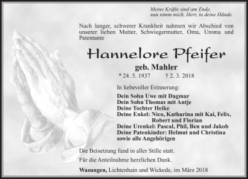 Traueranzeige von Hannelore Pfeifer von Südthüringer Presse