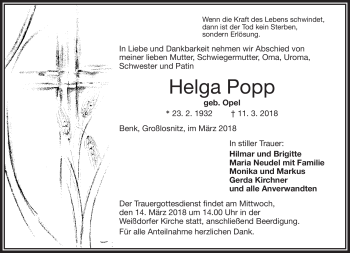Traueranzeige von Helga Popp von Frankenpost