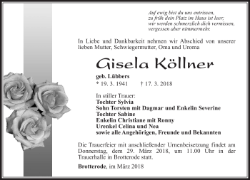 Traueranzeige von Gisela Köllner von Südthüringer Presse
